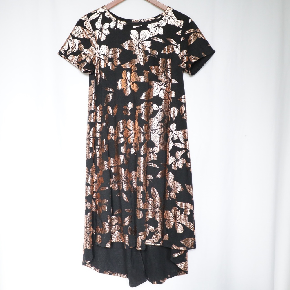 Lularoe Carly Dress Black Gold Foil Leaf XS NWOT